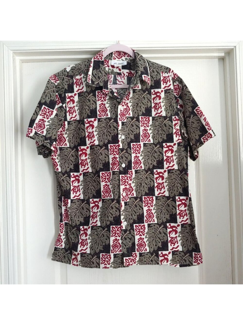 Malihini Aloha Shirt Hawaiian Honu Turtle Petroglyph Tropical Leaf Polynesian L